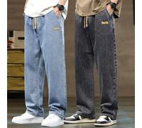 2 pièces Jeans droits à taille élastique avec cordon de serrage pour hommes, jeans à jambe large polyvalents avec poches pour un port quotidien L,M,S,XL,XXL,XXXLJean