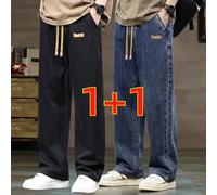 2 pièces Jeans droits à taille élastique avec cordon de serrage pour hommes, jeans à jambe large polyvalents avec poches pour un port quotidien L,M,S,XL,XXL,XXXLLettresJean