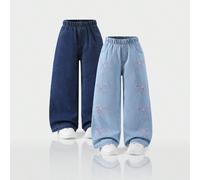 2 pièces Jeans pour filles, style mignon, pantalon en jean pour tout-petites filles, nouvelles arrivées printemps/été convenant pour toutes les saisons, plusieurs couleurs : jean bleu clair avec brode