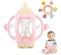 2 Pièces Jouet Dentition Bébé Silicone 6-9 Mois, Anneau Dentition Bebe + Jouet Dentition Bebe Balle, Jouets Hochet Sensoriel Bebe 1 an, Cadeau Naissance Fille Garçon Sans BPA (Rose)