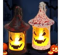 2 Pièces Lanterne Halloween LED, Decoration Halloween Exterieur et Interieur a Suspendre, Bougies LED à suspendre sans flamme, Deco Photophore Halloween Interieur Exterieur, Decoration Halloween Table