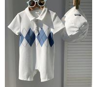 2 pièces le set comprend un body et un chapeau, body bébé garçon mignon à motif argyle avec col et chapeau, convient pour l'anniversaire, la fête, la soirée, la représentation, le mariage, le 1er mois