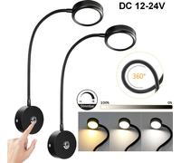 2 pièces LED Applique murale Variable 3 couleurs de lumière, Lampe de lecture Bras de lampe flexible Touch Connexion USB Φ6,5cm 12-24V Intérieur RV Camping-car Navire,noir