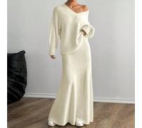 2 pièces l'ensemble : Top décontracté à manches longues et col en V de couleur unie et jupe corolle L,M,SUnicoloreÉtoffe