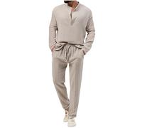 2 Pieces Lin Homme Chemise et Courte Survêtement Homme Ensemble Été Chemise et Pantalons Longue Sports Jogging Décontractée Col en V T-Shirts et Pantalon de Jogging Coupe Droite Stretch 2 pièces