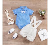 2 pièces/lot Ensemble T-shirt à manches courtes de style gentleman décontracté et short bavoir pour tout-petits garçons, printemps/été 6-9M,9-12M,12-18M,3-6M,0-3MgraphiquePolyester