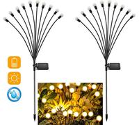 2 pièces Lumière solaire de jardin Luciole avec 10 LEDs Piquet de terre, Lampe solaire extérieure étanche IP65, Eclairage décoratif jardin cour balcon,Blanc chaud