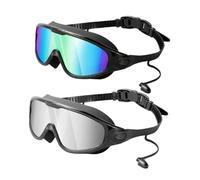 2 Pièces Lunettes de Natation avec Bouchons d'oreilles Intégrés Lunettes de Bain Antibuée Équipement de Piscine Étanche Masque de Sport à Vision, Multi et Argent