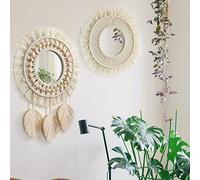 2 Pièces Macramé Miroir Muraux Suspendu, Miroir Decoration avec Franges Perles De Bois, Tissées Boho Fringe Miroir Rond avec Feuilles pour Appartement Salon Chambre Décor