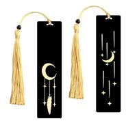 2 Pièces Marque Page Métal 12 * 3cm, Marque Page Noir et Or Étoile Plume Lune avec Gland Pendentif, Cadeau pour les Amateurs de Lecture Étudiants (Lune et étoiles)