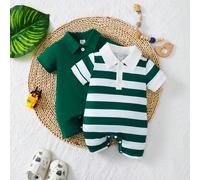 2 pièces Mignon Combinaison à manches courtes rayée en blocs de couleur décontractée à col avec boutonnière et shorts pour bébé garçon 6-9M,9-12M,12-18M,1-3M,3-6MBlocs de couleur,GéométriqueTissu tric