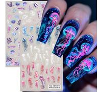 2 pièces Mignons Autocollants d'art d'ongle Méduse, Étoile de mer, Coquillage, Étoile d'océan, Conceptions de plage d'été, Autocollants auto-adhésifs d'art d'ongle coulissant pour décoration d'ongle D