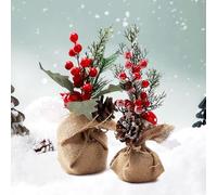 2 Pièces Mini Arrangement avec Sapin de Noël et Baies Artificielles Base en Toile de Jute Fleurs Artificielles avec Sapin, Feuilles Vertes, Fruits Rouges Pour Fête de Noël Table Décoration D'intérieur