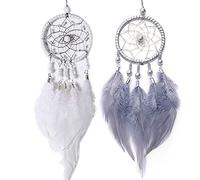 2 Pièces Mini Attrape-Rêves avec Plumes Petit Attrape-Rêves Artisanal Bohemian Dreamcatcher Décoration à Suspendre Dreamcatcher pour Décorez Les Chambres Les Voitures Les Sacs à Dos (Gris Blanc)