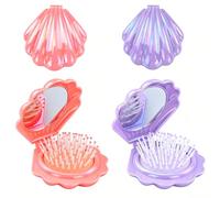 2 Pieces mini brosses à cheveux rondes avec petit miroir, forme de coquillage，finition métallique brillante, pliable, portable, peigne de massage des cheveux（Violet, rose）