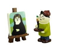 2 pièces Mini figurine de chat en résine pour décoration maison ou bureau,Figurine de chat peintre avec toile Mona Lisa, Cadeau original pour les amoureux des chats,Petite déco drôle et mignonne