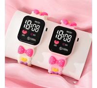 2 pièces Montre de fille avec affichage numérique carré en forme de cœur LED, avec un nœud papillon et un design doux et . C'est une montre pour enfants avec un bracelet à motif de dopamine et une hor