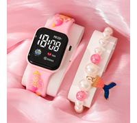 2 pièces Montre pour fille - Montre pour enfants de forme carrée avec thème cœur et terre, style sirène avec affichage numérique LED classique à la mode. Montre scolaire abordable convenant aux étudia