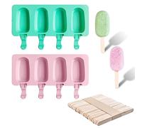 2 Pièces Moules À Crème Glacée 50 Pièces Bâtons En Bois Silicone Moule À Crème Glacée Ensemble Ovale Popsicle Moules 4 Cavités DIY Sorbetière (vert, rose)