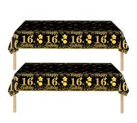 2 pièces Nappe Noire et Dorée Decor Fête d'anniversaire pour 16 Ans, 137x274cm Nappe Plastique et Rectangulaire Décoration de Table Joyeux Anniversaire pour Garçon Fille Décoration Anniversaire