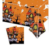 2 Pièces Nappe Plastique Rectangulaire Anti Tache Halloween,137*274cm Nappe de Table Orange Fantôme Grand Imperméables Extensible,Nappes Lavable pour Décoration de Table Dîner Fête de Halloween