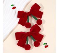 2 pièces Noeuds de cheveux en velours rouge pour filles Adorables Clips de cheveux à pompons de cerise de couleur unie Rouge Nouveaux clips crocodile Cadeau de Nouvel An pour Tout-petites Filles Acces
