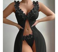 2 pièces : Nuisette de mariage longue en dentelle noire sexy et maille florale avec fermeture à crochet à l'avant et fente haute + Robe de lingerie érotique fendue sur le côté avec string G-string L,M