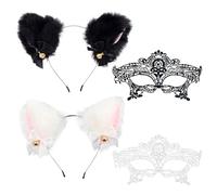 2 Pièces Oreilles De Chat Avec Bandeau De Cloche, 2 Pièces De Masques Pour Les Yeux En Dentelle, Moelleux En Peluche, Doux Et Confortable, Accessoires De Rôle, Décoration De Costumes Créatifs.