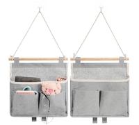 2 Pièces Organisateur Mural Suspendu en Coton Lin | Compartiments Multiples, Coutures Renforcées, pour Brosses Maquillage et Courrier, Gris, Crochets Adhésifs