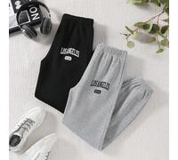 2 pièces Pantalon de jogging décontracté avec doublure thermique et revers pour préadolescentes, avec imprimé graphique Los Angeles, chic pour l'automne/hiver 8Y,9Y,10Y,11Y,12YLettresÉtoffe