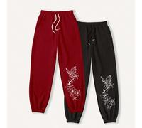 2 pièces Pantalon de survêtement en molleton avec cordon de serrage à la taille, imprimé papillon, attaché à la cheville, mode et polyvalent L,M,S,XL,XSAnimal,PapillonTissu tricoté