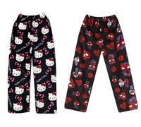 2 Pièces Pantalon Pyjama Femme Flanelle,Bas De Pyjama Femme Polaire Chaud et Doux Confort Cartoon Chat Anime Imprimé Kawaii Y2K Maison Lounge Pantalons pour Halloween,Noël