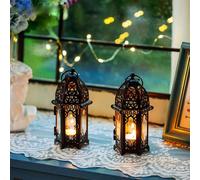2 pièces Petites lanternes à bougie de style marocain noir, porte-bougie à thé mini avec panneaux en verre transparent, idéal pour le patio, l'intérieur/extérieur, les événements, Diwali, les fêtes et