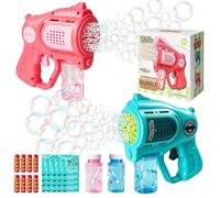 2 Pièces Pistolets à Bulles pour Enfant, 21 Orifices Machine a Bulles avec éclairage LED, Machine à Bulles Automatique avec 2 Bouteilles de Solution, Jouet Extérieur pour Mariage, Anniversaire, Fête