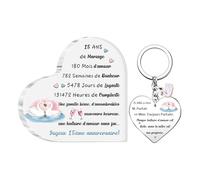 2 Pièces Plaque Acrylique Porte-clés Ensemble Mariage Anniversaire Cadeaux Femme Mari Apprécier Signes Cœur Mon Homme Bureau Fléchage Souvenirs d'une Histoire d'amour Heureuse pour Toujours (15 ANS)