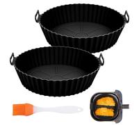 2 Pièces Plat Silicone Air Fryer, 20cm Réutilisable Moule En Silicone Pour Air Fryer, Rond Airfryer Moule Silicone avec Pinceau à Huile, Pour Cosori, Ninja, Tefal (Noir, 3.8-5L)