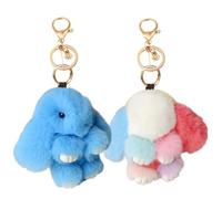 2 Pièces Porte-Clés de Lapin Moelleux,Lapin Peluche Pompon,Porte-clés Lapin Kawaii pour Pendentif de Sac à Main e Voiture Accessoires Décoration (Bleu et couleurs de l'arc-en-ciel)