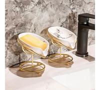 2 Pièces Porte Savon en Céramique,13,5x8,5 cm Blanc Porte-Savon Feuille Auto drainant,Soap Dish with Drain,Coupelle Savon Vintage pour Douche Salle de Bain Cuisine