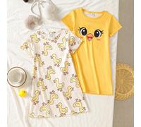 2 pièces Pyjama d'été pour filles tout-petites, col rond, manches courtes, motif mignon de canard jaune vif et blanc, en tissu tricoté doux et léger pour un port confortable au quotidien par temps ens