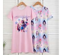 2 pièces Pyjama pour grandes filles Ensemble à manches courtes col rond Été Décontracté Dégradé rose Imprimé de troupe de danse et de lettres Vêtements de détente Tissu tricoté doux et confortable Cou