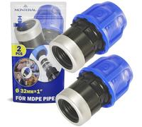 2 Pièces Raccord Manchon Ø 32 mm x 1″ à Filetage Femelle Renforcé par une Bague en Acier Galvanisé en Polypropylène PP pour Connexion de Tuyau Polyethylene PE - MONTERAL