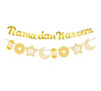 2 Pièces Ramadan Kareem Bannière, Papier Doré Decoration Aid Moubarak, Etoile Lune et Lanternes Bannière, Islam Musulman Eid Ramadan pour Maison Fête Décorations