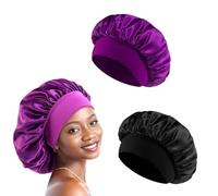 2 Pièces Respirant Bonnet Satin Cheveux Nuit, Bonnet Cheveux Nuit pour Femmes, Réglable Antidérapante Doux(noir&mauve)