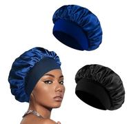 2 Pièces Respirant Bonnet Satin Cheveux Nuit, Bonnet Cheveux Nuit pour Femmes, Réglable Antidérapante Doux(Noir &bleu foncé)