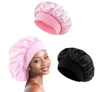 2 Pièces Respirant Bonnet Satin Cheveux Nuit, Bonnet Cheveux Nuit pour Femmes, Réglable Antidérapante Doux(noir&rose)