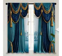 2 pièces Rideau bleu de luxe simulé à motif doré, avec impression numérique haute définition. Décoration élégante et noble pour la maison. Style de décoration de chambre à coucher et bureau. 51"L x 82