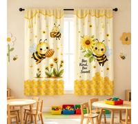 2 pièces Rideaux semi-transparents imprimés avec motif d'abeille de dessin animé et de tournesol guérisseurs, fibre de polyester 90GSM semi-transparente avec protection de la vie privée, installation 