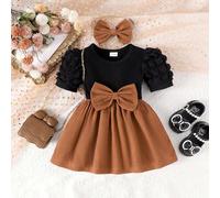 2 pièces Robe à volants, taille basse, manches courtes en tricot côtelé avec décoration papillon pour bébé fille, avec chouchou 6-9M,9-12M,12-18M,18-24M,2-3YUnicoloreVelours côtelé