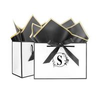 2 Pièces Sac Cadeau en Papier Avec Ruban d'Arc et 2 mouchoirs, Pochette Cadeau avec Poignée Sac Cadeau Anniversaire, Sac Carton en Papier pour Anniversaire, Mariage, Festival, Noël, Fête(Initiale S)