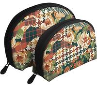 2 pièces Sacs à cosmétiques Pied-de-Poule Tartan Roses Plaid Voyage Trousse de Maquillage Coquille Toilette Femmes Sac à Main
